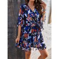 thumbnail image 4 of Anbech 2024 V Neck Wrap Boho Dress for Women Floral Flowy Dress with Belt Ruffle 3/4 Sleeve Short Mini Dress, 4 of 8