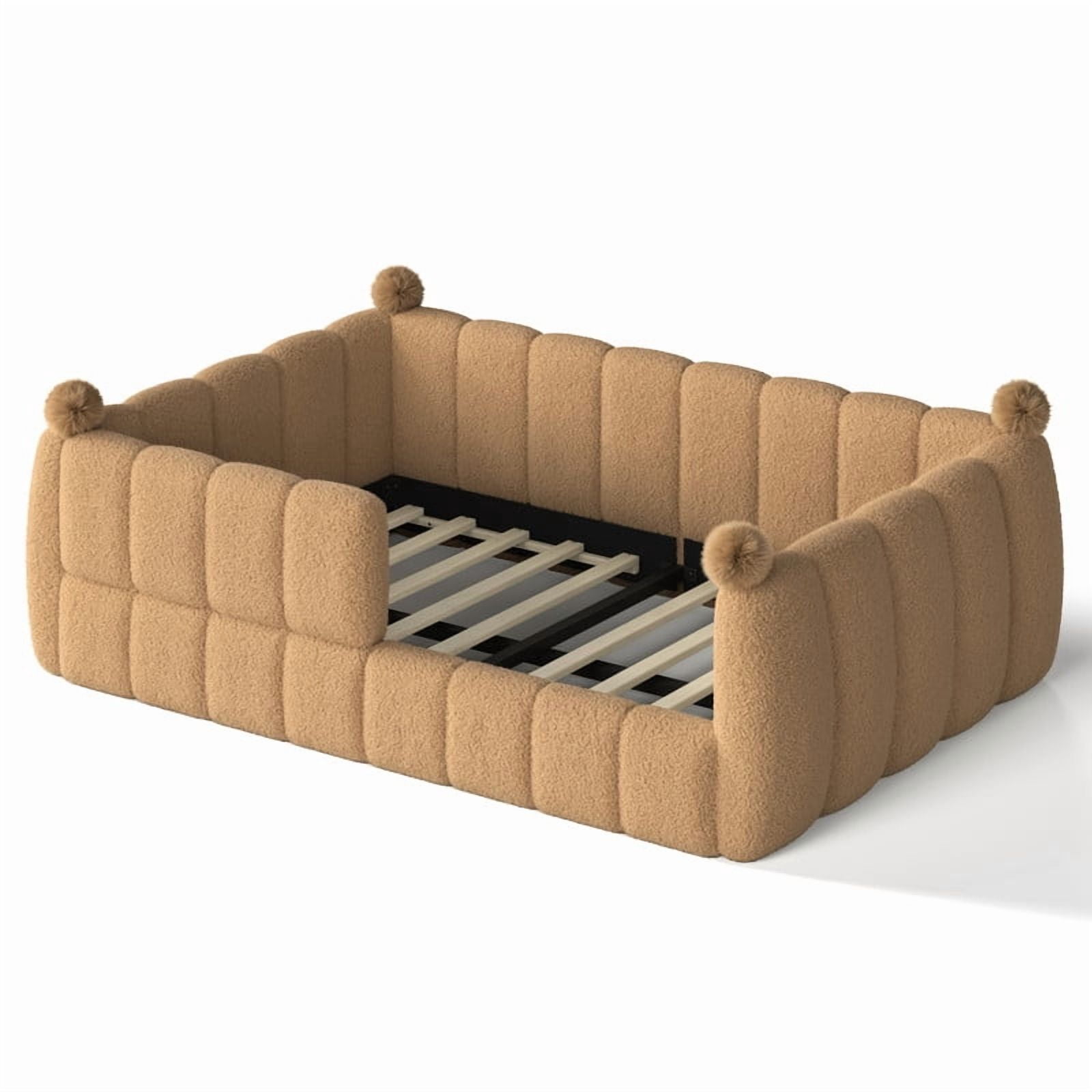 Howcool Montessori Upholstered Floor Bed,Full Size Low Toddler Bed with Full Surround Safety Rails, Natural