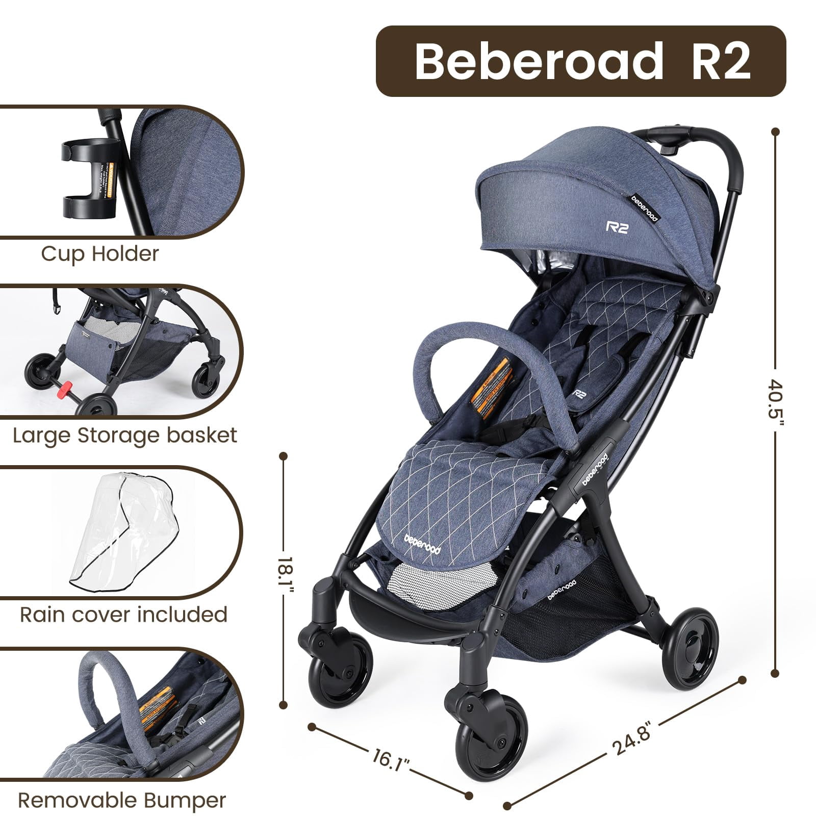 BebeRoad R2 Ultra Compact Lightweight Travel Folding Stroller with Canopy, Blue