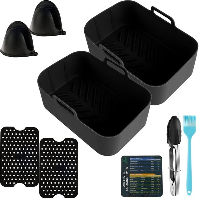2Pcs Friteuse à Air Chaud Pot en Silicone avec Poignée Réutilisable Panier Résistant à la Chaleur Anti-Adhésive Pan 2 Mats Gants pour Four
