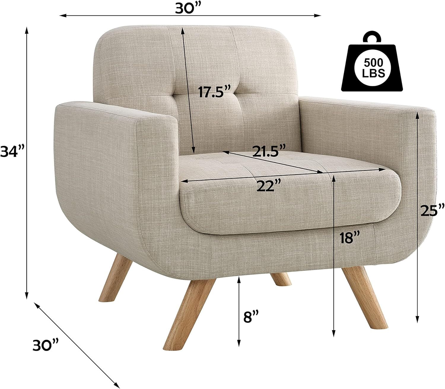 Modern Accent Chair with Linen Fabric, Soft Ergonomic Upholstered Armchair Comfy Single Sofa Lounge Chair for Living Room, Apartment, Office,Beige