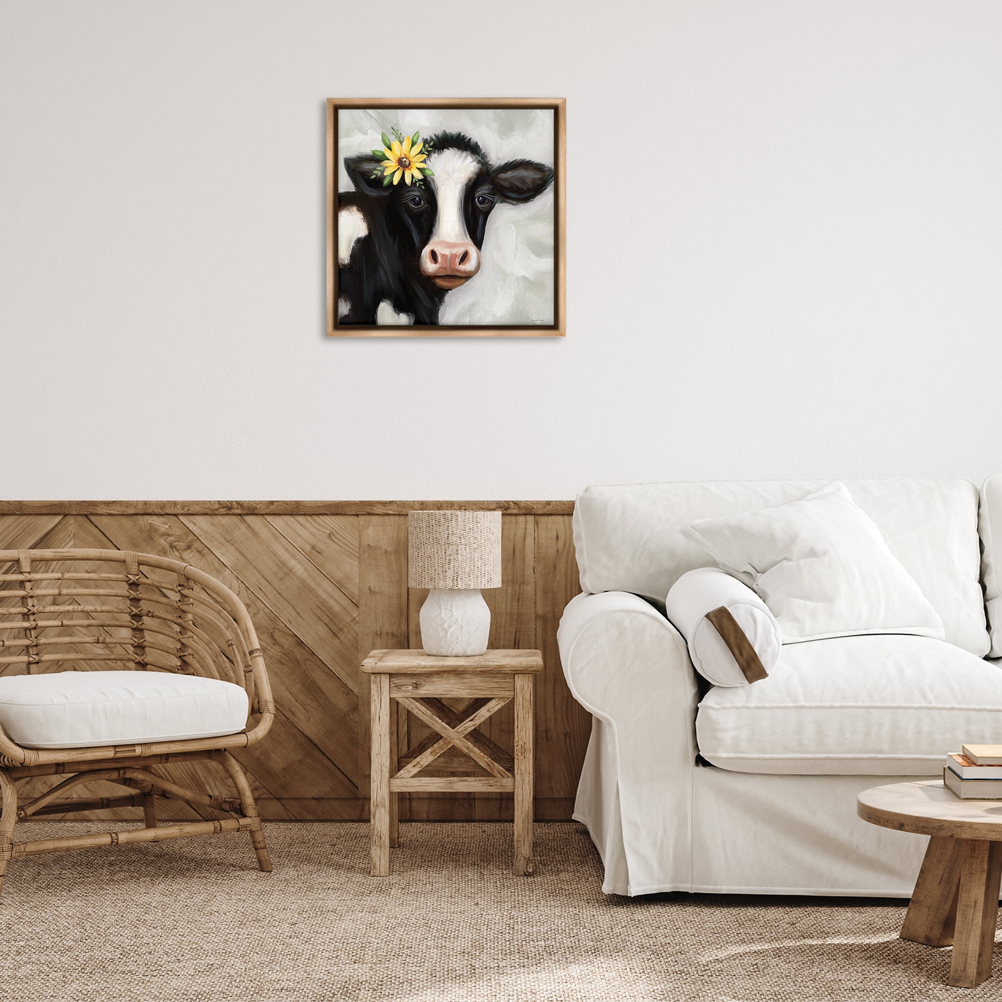 Stupell Industries Cow with Yellow Daisy Animals & Insects Painting Brown Floater Framed Canvas Art Print Wall Art, 25 x 25