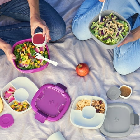 Bentgo® Salad - Stackable Lunch Container with Large 54-oz Salad Bowl, 4-Compartment Bento-Style Tray for Toppings, 3-oz Sauce Container for Dressings, Built-In Reusable Fork & BPA-Free (Blue)