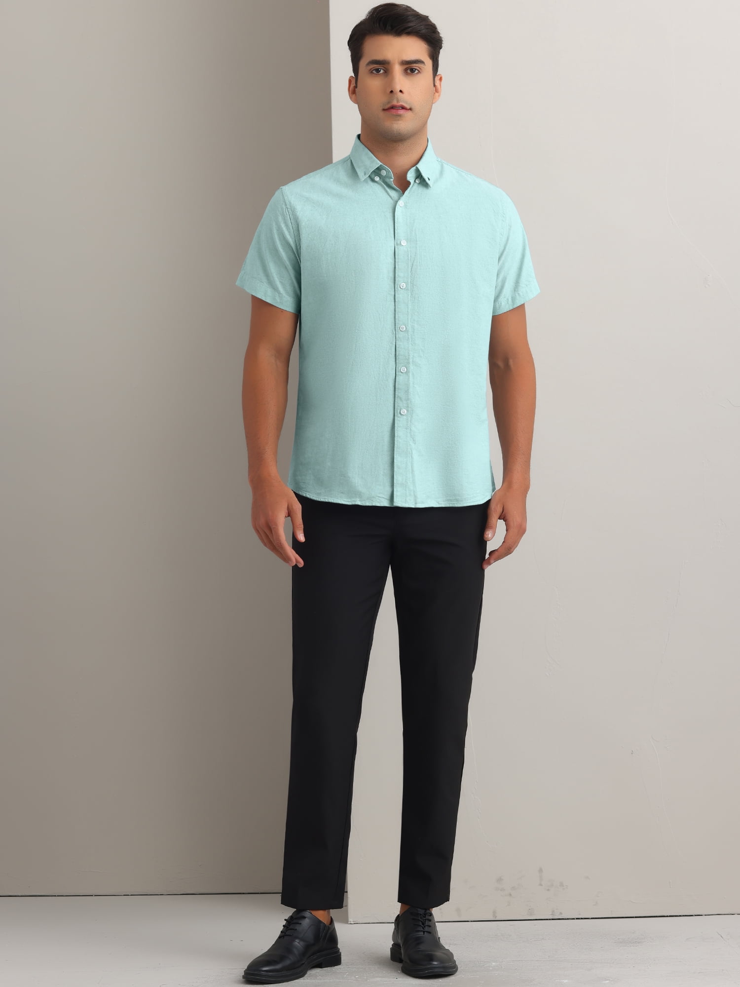 Unique Bargains Men's Short Sleeve Cotton Regular Fit Button Down Formal Shirt M Green