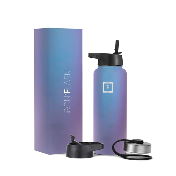Iron Flask Bouteille d'Eau de Sport - 40 Oz, 3 Couvercles (Couvercle en Paille), Étanche, Acier Inoxydable à Isolation sous Vide, Double Paroi, Tasse Thermo, Cantine en Métal - Aurora