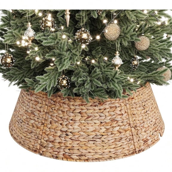 33-Inch Woven Rattan Christmas Tree Collar Stylish Hyacinth 6-Piece Tree Skirt for Artificial Trees Wicker Tree Base Cover with Cord Cut-Out for Home Decor Living Room Display Natural