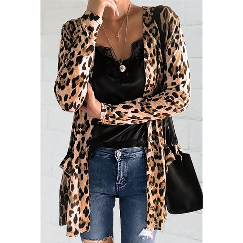 New Ladies Leopard Print Pattern Knitted Ladies Open Long Sleeve Cardigan Top 