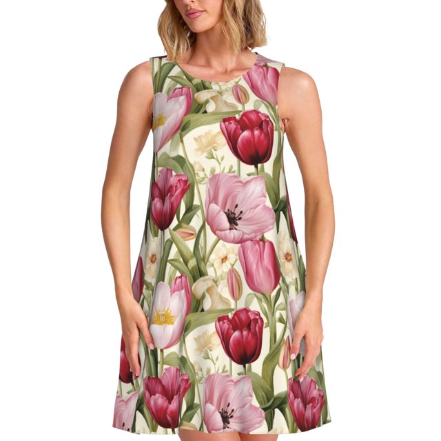 Fotbe Tulips Flowers Vestido de Verano sin Mangas para Mujer – Vestido Midi Línea A, Estilo Camiseta Floral, Vestido Playero Casual y Fluido