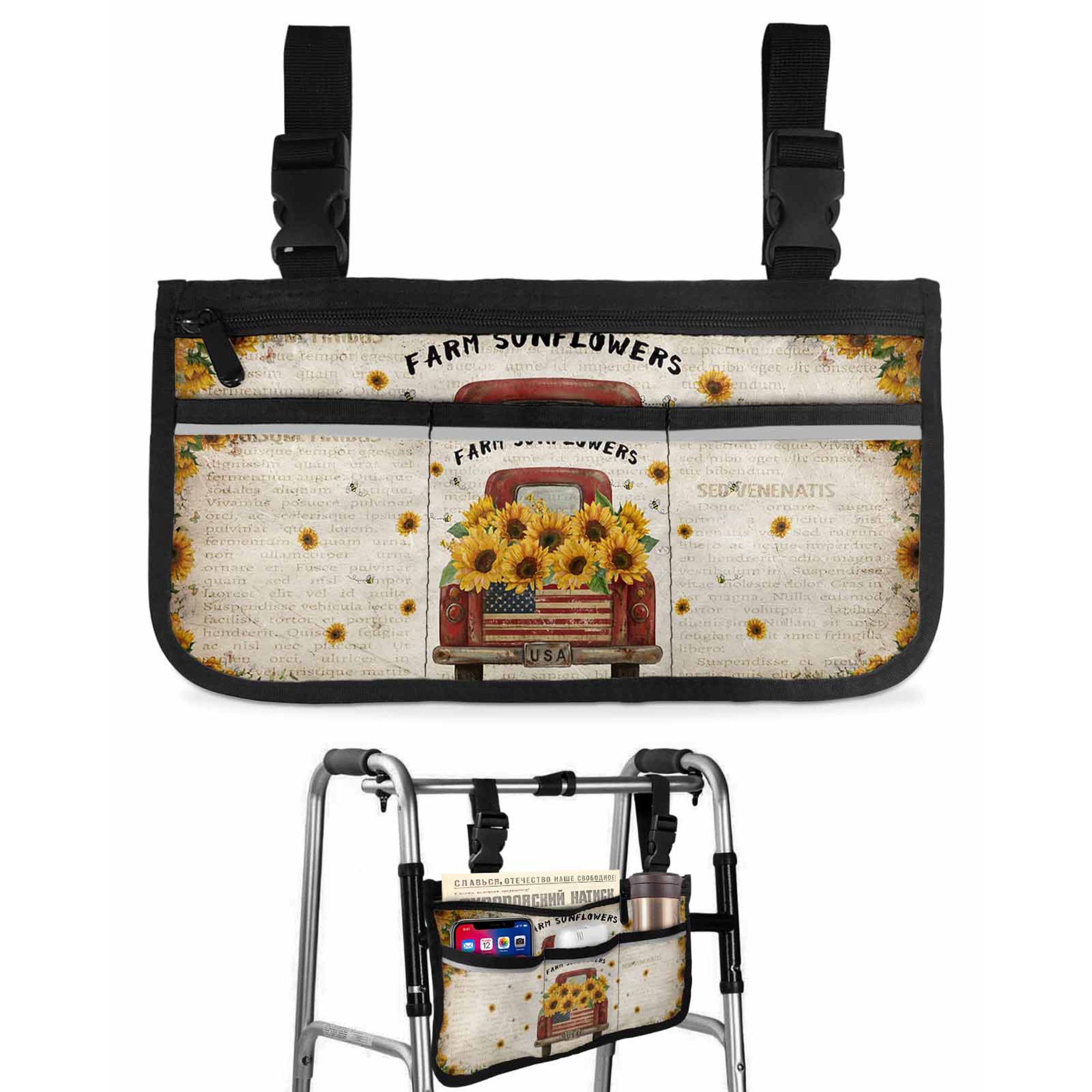 Farm Sunflowers Wheelchair Side Bag with Cup Holder, Summer Yellow Floral Leaves Red Truck Retro Wheelchair Armrest Bag Storage Pouch Adults, Seniors for Walkers, Rollator, Scooter
