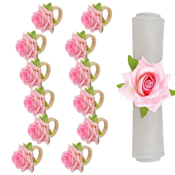 Muyoka Conjunto de anillos de servilleta con flor de rosa artificial, servilletero de cáñamo creativo para decoración de mesa, fiesta, cumpleaños, Día de Acción de Gracias, banquete, 12 Uds. Muyoka Hogar