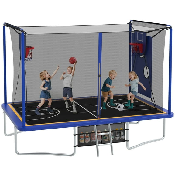 8X12FT Rectangular Trampoline with Enclosure Net, SEGMART Big Outdoor Rectangle Trampoline with Basketball Hoop, Large Square Trampoline 1322LBS Weight Capacity with Storage Bag for Kids, Adults