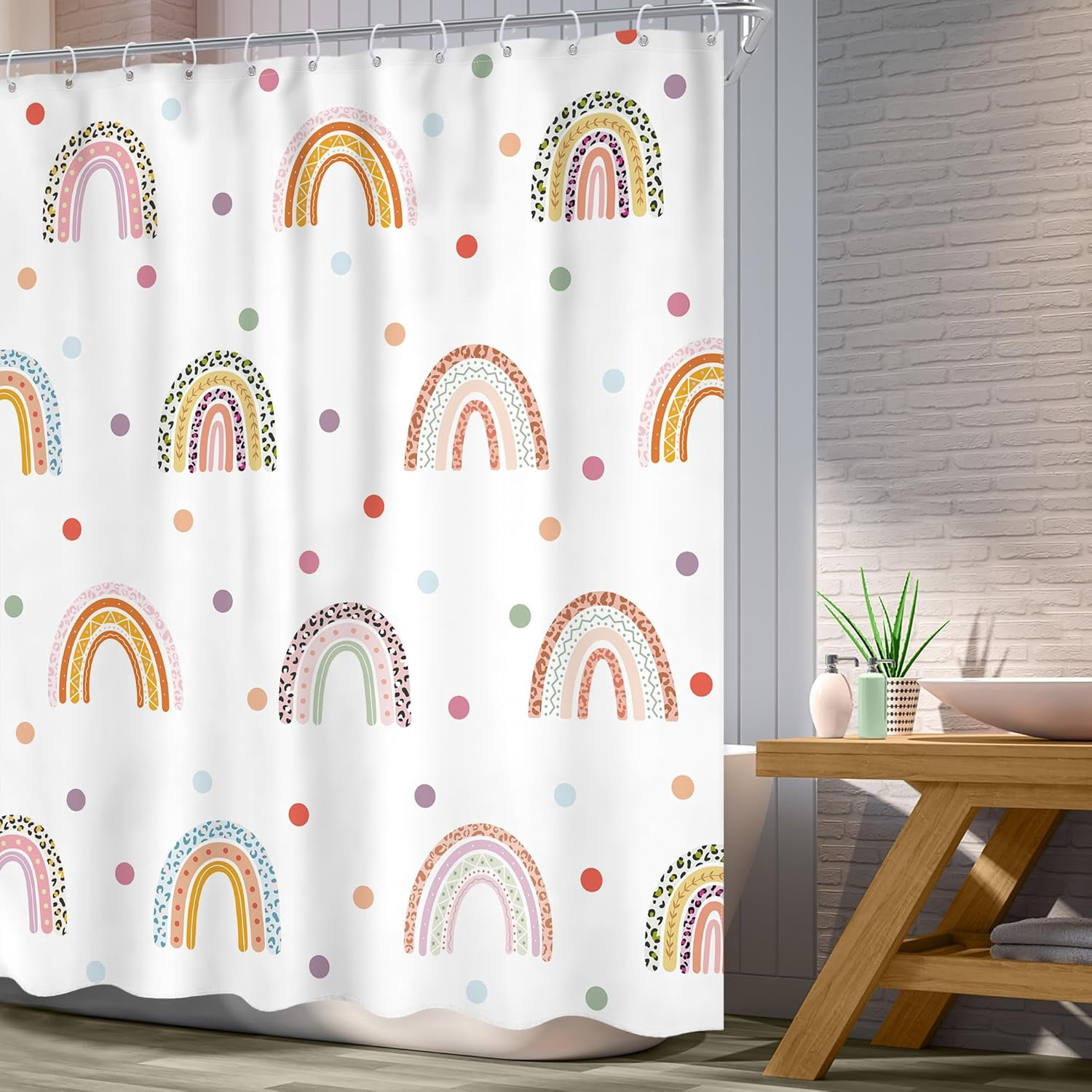 Kids Rainbow Shower Curtain 72Wx72L Inch Girls Cartoon Boho Cute Leopard Cheetah Print Polka Dot Unique Shower Curtain Bathroom Set Colorful Bath Curtain Bathtub Accessories Home Decor