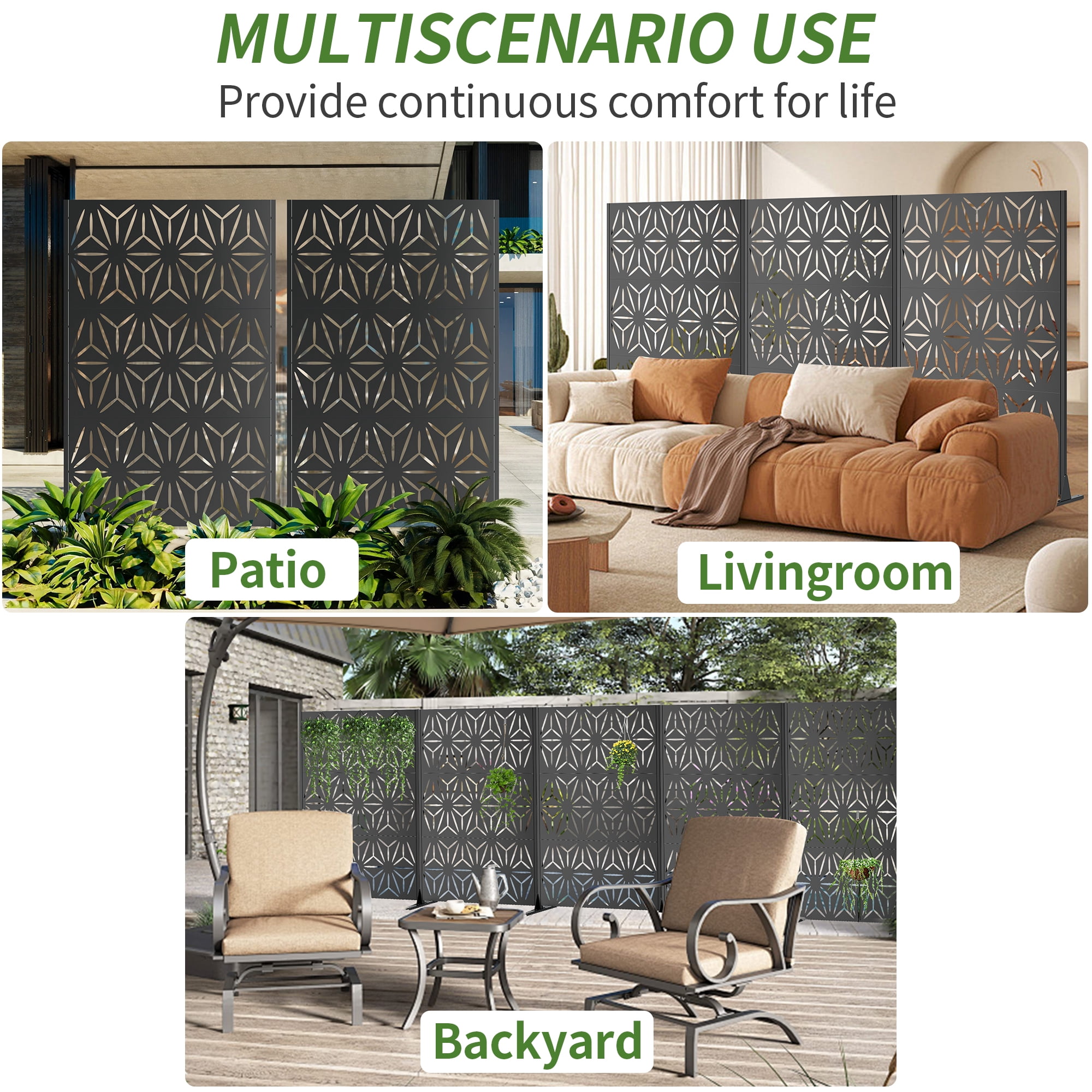Outdoor Privacy Screen, 72x46 Inch Freestanding Metal Fence for Garden Backyard Patio Decor, Black