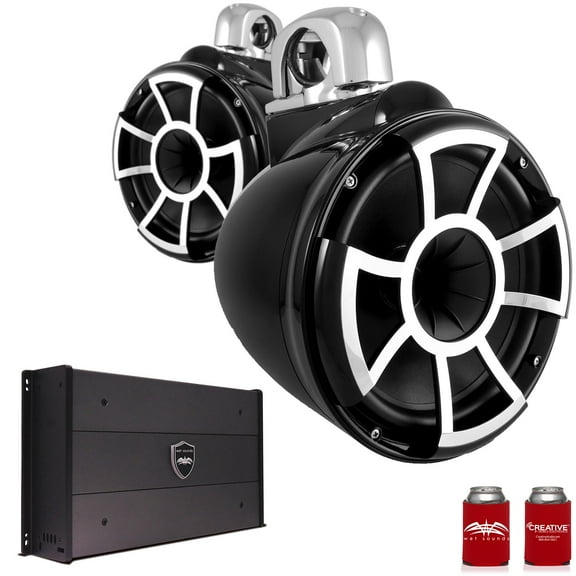 Wet Sounds REV10B-FC 10" Black Tower Speakers with Stainless Steel Fixed Clamps & SYN-DX2.3 1200 Watt Amplifier