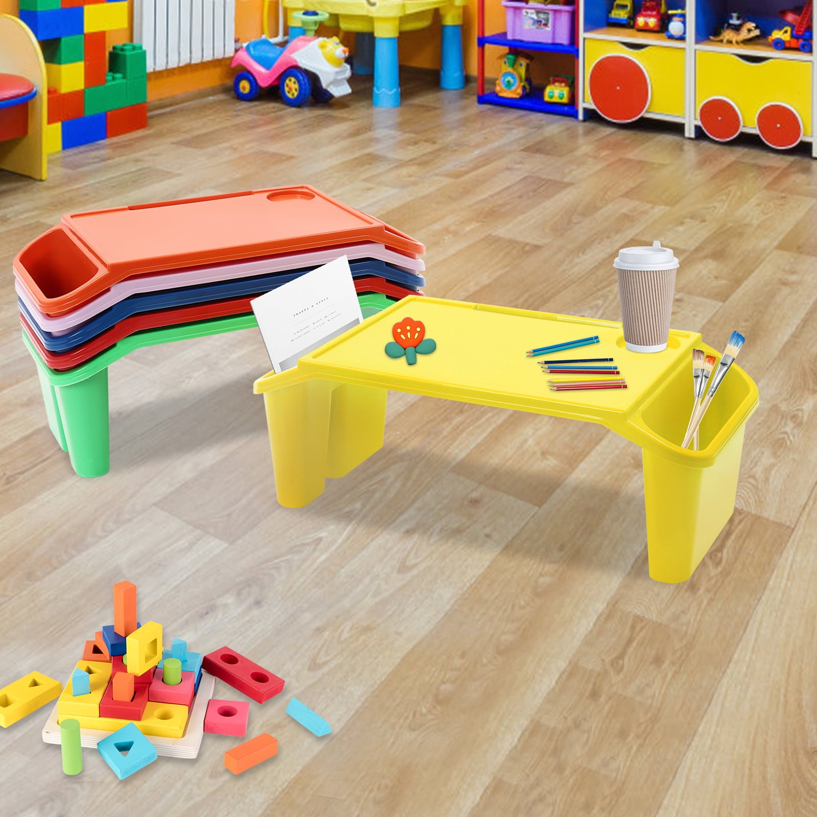 Peakora 6PCS Kids Lap Desk Tray, Portable Lap Desks with Side Pockets, Plastic Breakfast Lap Desk Trays for Writing Eating Game Classroom