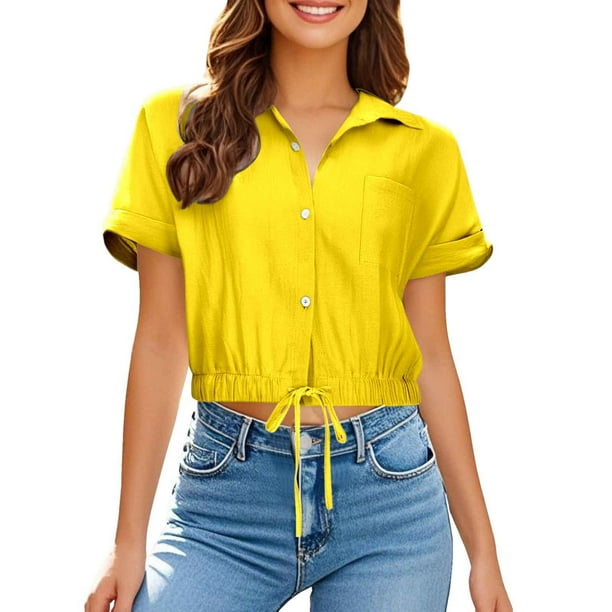 Camisa de manga corta con solapa y botones para mujer, top de playa con bolsillo, poliéster ligero, versátil para ocasiones informales y al aire libre