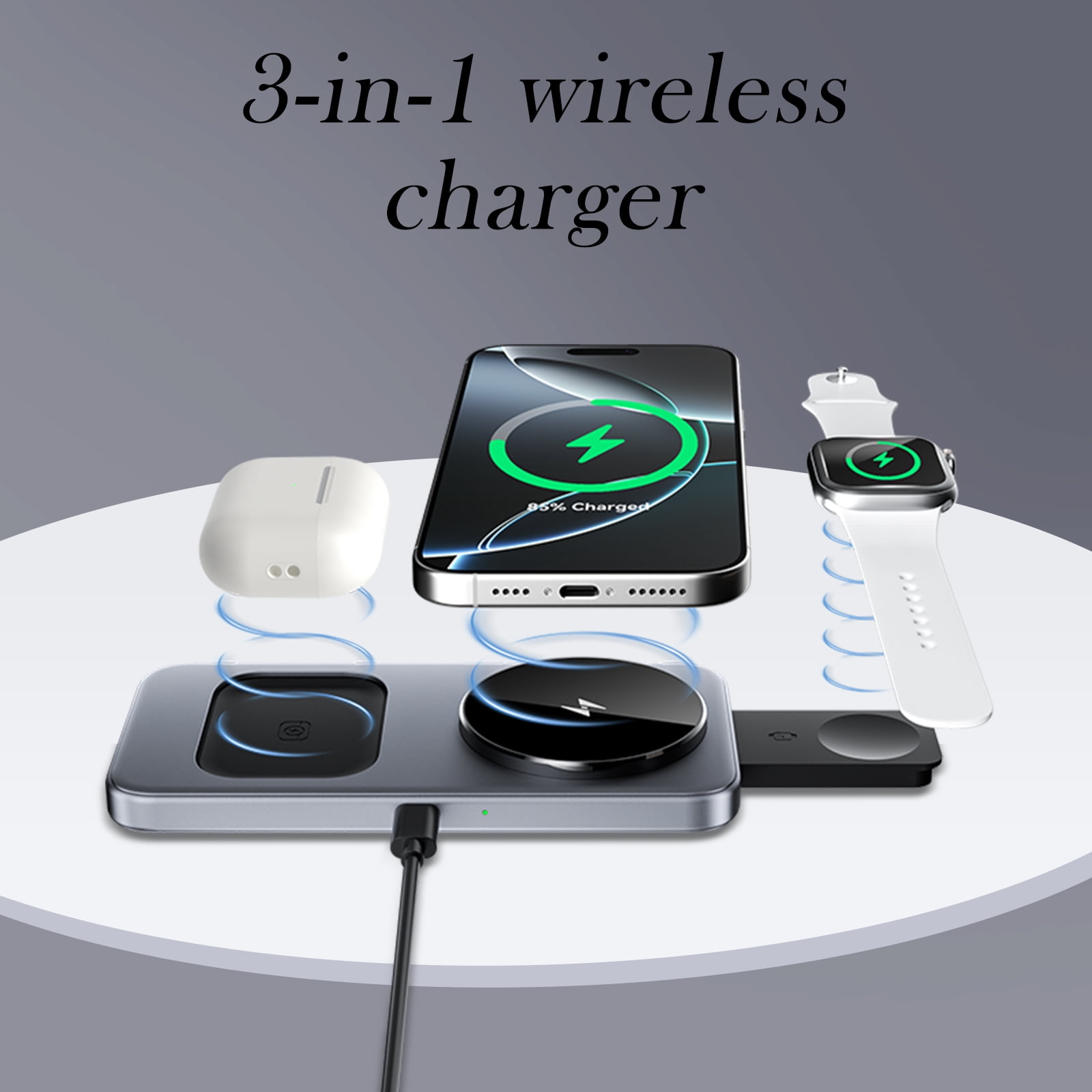 3-in-1 Magnetic Wireless Charging Station, Foldable Fast Charger Stand Compatible with MagSafe iPhone 17-12, Android Phones, Apple Watch & AirPods
