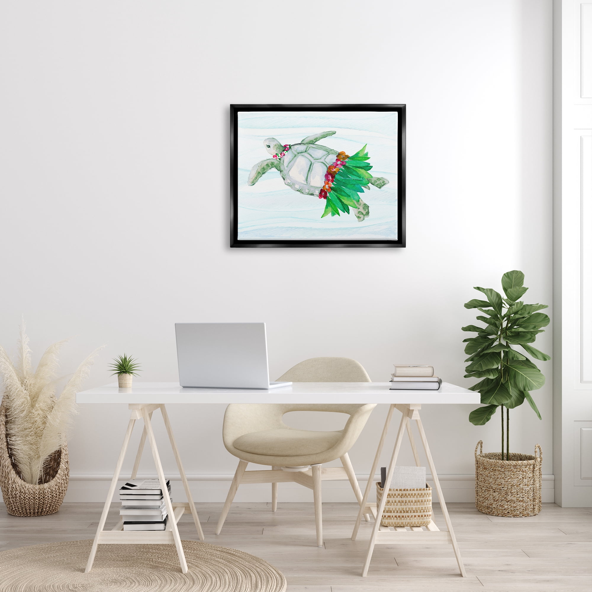 Stupell Hula Turtle Funny Tortoise Landscape Painting Black Floater Framed Art Print Wall Art