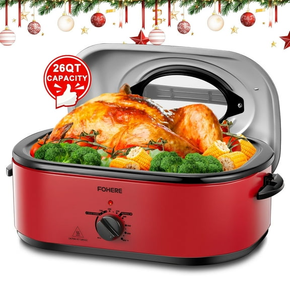 FOHERE 26 Quart Electric Roaster Oven with Visible & Self-Basting Lid, Large Turkey Roaster with Defrost Warm Function, Adjustable Temperature, Removable Pan Rack, Stainless Steel, Red
