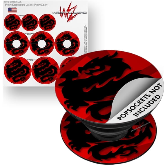 Decal Style Vinyl Skin Wrap 3 Pack for PopSockets Oriental Dragon Black on Red (POPSOCKET NOT INCLUDED) by WraptorSkinz