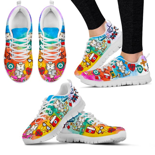 Zapatillas deportivas de marca con diseño de gato y enfermera de dibujos animados degradados, cómodas zapatillas informales con cordones