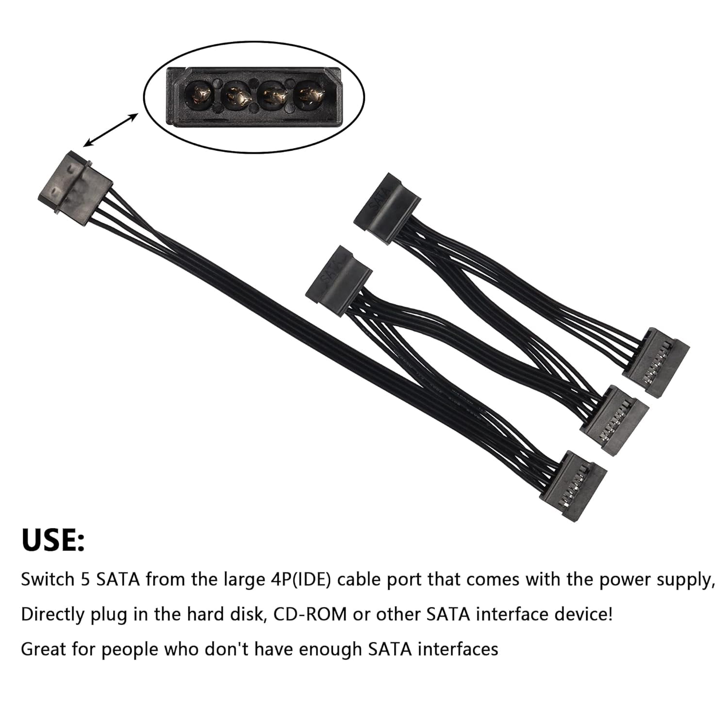 HRTGFD-IDE to SATA Power Splitter Cable, LP4 4 Pin Male to 5 SATA Female Power Extension Hard Drive Cable,for HDD SSD and Optical Drives 18AWG-24cm