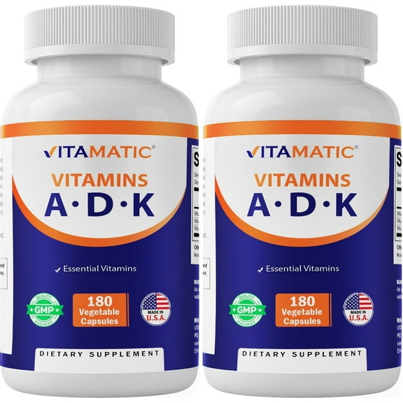 Vitamatic ADK Vitamin Supplement, 180 Veg Capsules, High Potency Vitamins A, D3, K2 for Bone Health, Calcium Absorption, Non-GMO, Gluten Free - 2 Pack