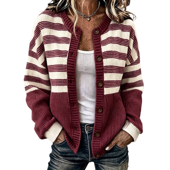 Garbnen S-5xl Cardigan Sweaters for Women Striped Long Sleeve Open Front Lightweight Cardigan Button Crew Neck Fashion Fall Winter Outwear Wine Cardigan for Women Knit Coat S