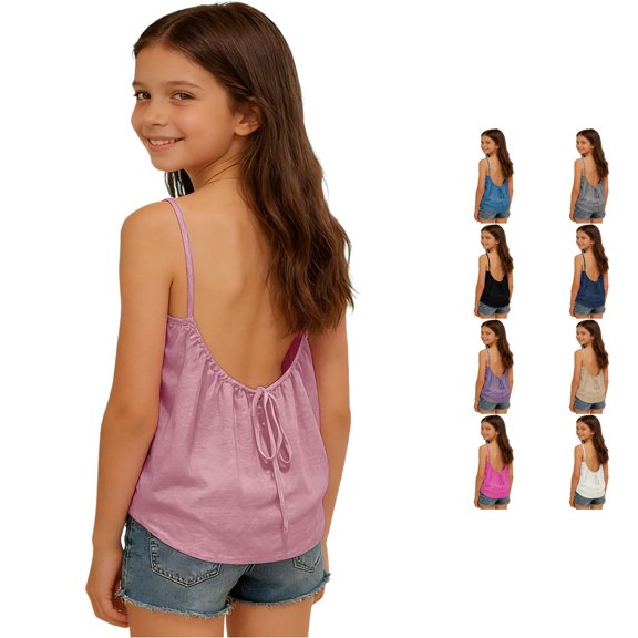 Rggeeun Child Girls Shirts Solid Color Sleeveless Spaghetti Strap Camisole Flowy Loose Backless for Summer Outdoor Running Graceful Tops,Pink,6-7 Years