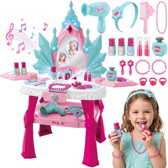 UUSUOO Kids Vanity Sets for Girls, Toddler Vanity Makeup Table with Mirror, Lights and Music, Kids Pretend Play Princess Toys, Birthday Gifts for Little Girls Ages 3-6