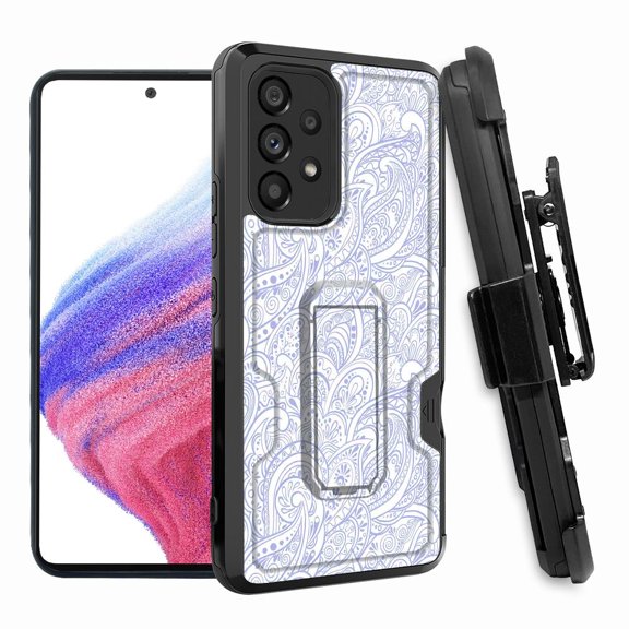 ANJ  Rugged Shockproof Hoster Case w/Card Slot, Kickstand   Tempered Glass Cover for Samsung Galaxy A33 5G - Classic Blue Paisley