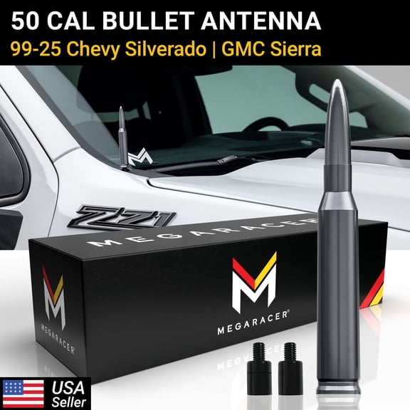 Mega Racer Gunmetal 50 Cal Bullet Antenna for 1999-2026 Chevy Silverado & GMC Sierra – Short Truck Antenna Replacement