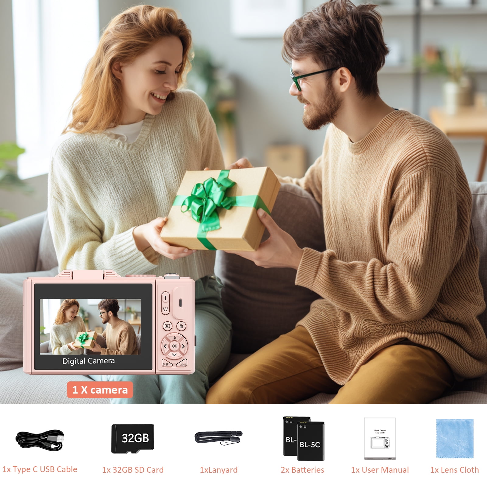XLURC 5K Digital Camera for Photography with Wifi, 75MP Vlogging Camera for YouTube with 3" 180° Flip Screen, 18X Digital Zoom with 32GB Micro SD Card & 2 Batteries (Pink)