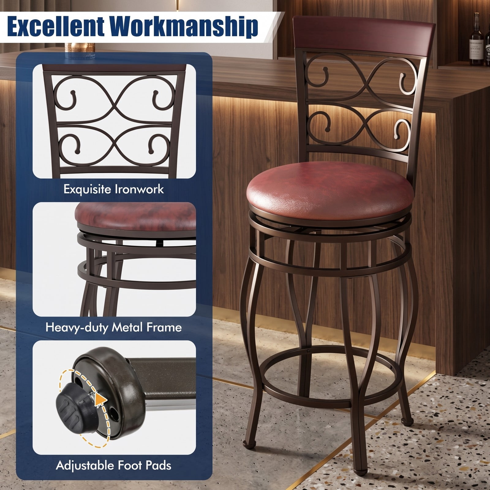 Furnibear Set of 2 26 Inch Swivel Bar Stools with Backrest and Footrest, Vintage Counter Height Metal Barstools with PU Leather Cushioned Seat for Kitchen, Brown