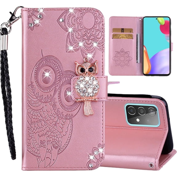for Samsung Galaxy A53 5G Flip Case for Women, Glitter Cute Owl Rhinestone Pu Leather Wallet Cover with Cards Slot Cash Pockets Case for Samsung Galaxy A53 5G MTY-Rose Gold