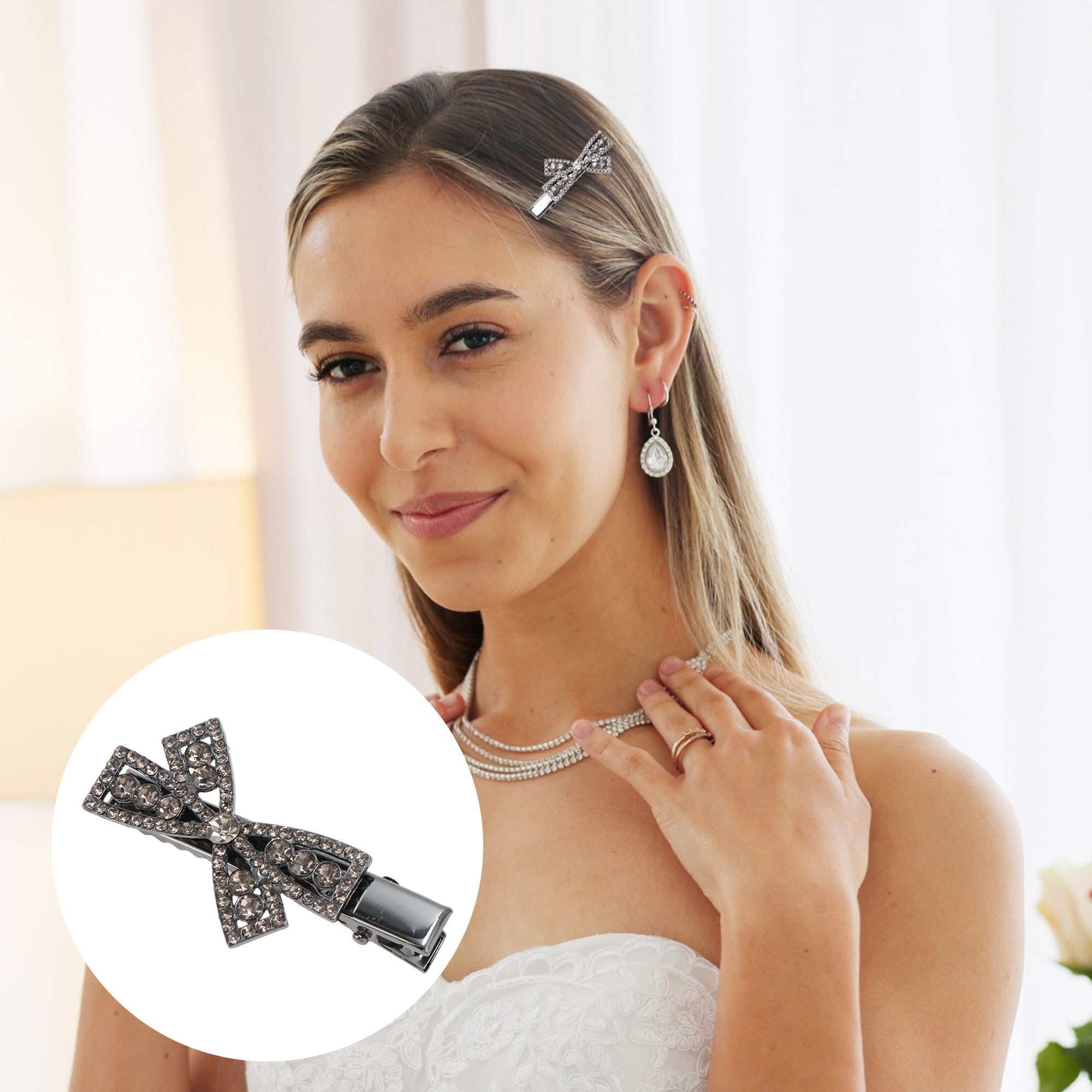 Unique Bargains Rhinestones Bow Hair Clip Women 1 Piece Gray Black