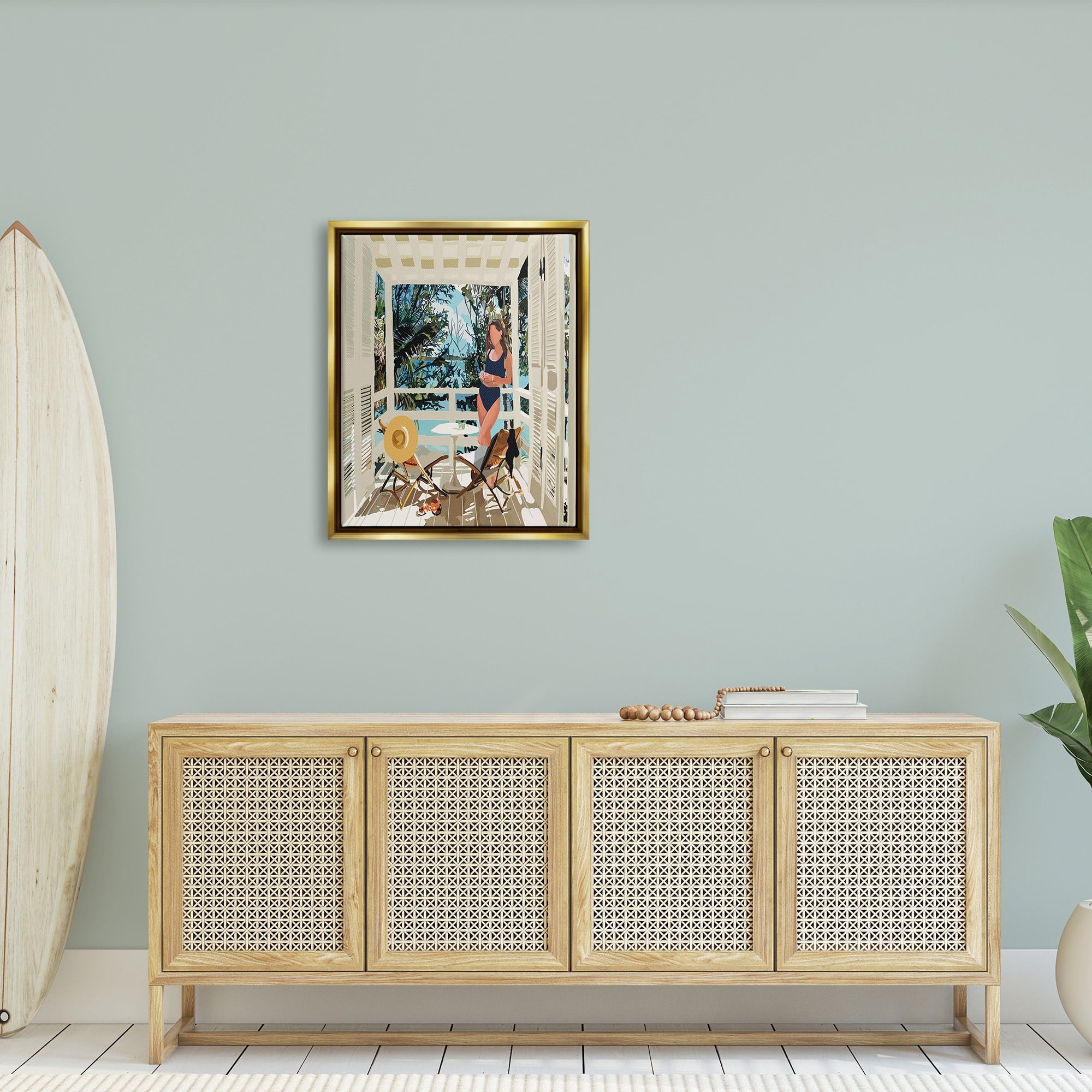 Stupell Industries Woman Coastal Beach Canopy Summer Ocean Scene Graphic Art Metallic Gold Floating Framed Canvas Print Wall Art, Design by Amelia Noyes