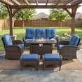 thumbnail image 2 of Patiobula Patio Furniture Set with Propane Fire Pit Table, 7 Pieces Outdoor Sectional Couch, Brown Wicker Rattan Conversation Sofa with Swivel Chair Ottoman for Garden Backyard Deck, Navy, 2 of 14