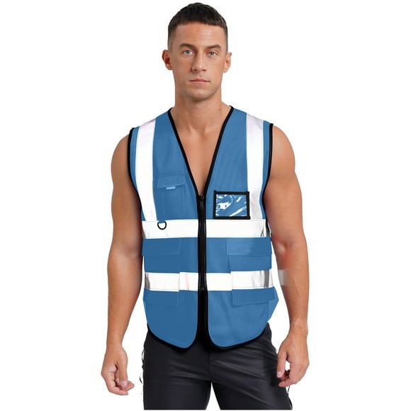 YiZYiF Adult Hi Vis Reflective Safety Vest Zip Up Sleeveless Jacket with Multi-Pockets Construction Blue One Size