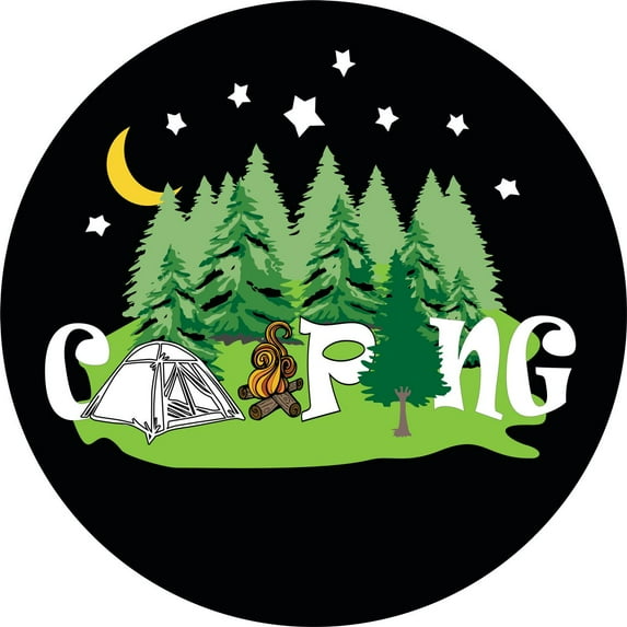 Tire Cover Central Camping Tent Word Art Design Black Vinyl 225/75R16