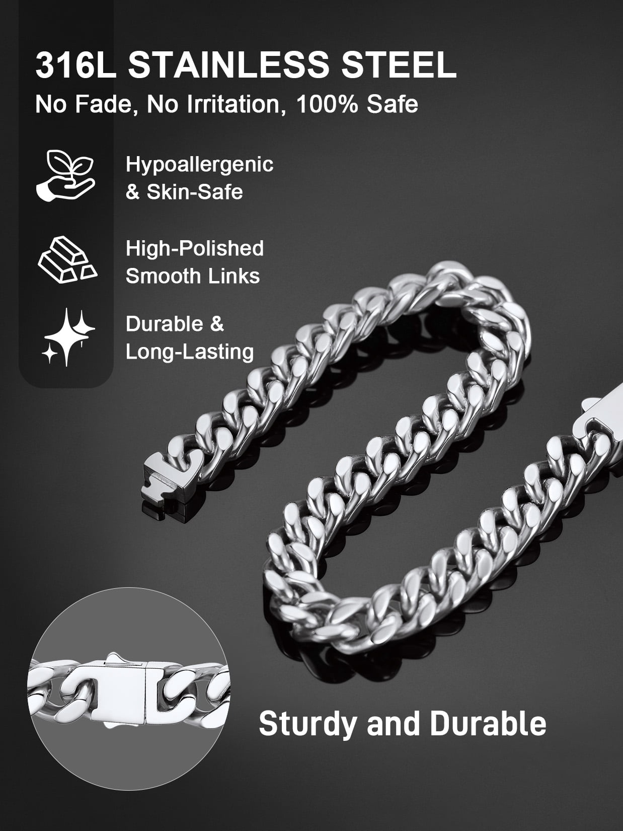 ChainsProMax Mens Metal Bracelets Stainless Steel Cuban Chain Bracelets for Men 7mm Wide 7.5inch