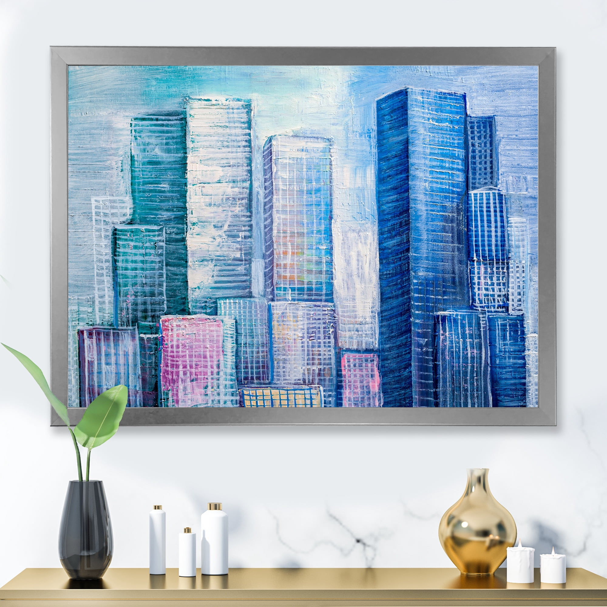 Designart 'Abstract Style Cityscape Panorama Skyscrapers I' Modern Framed Art Print