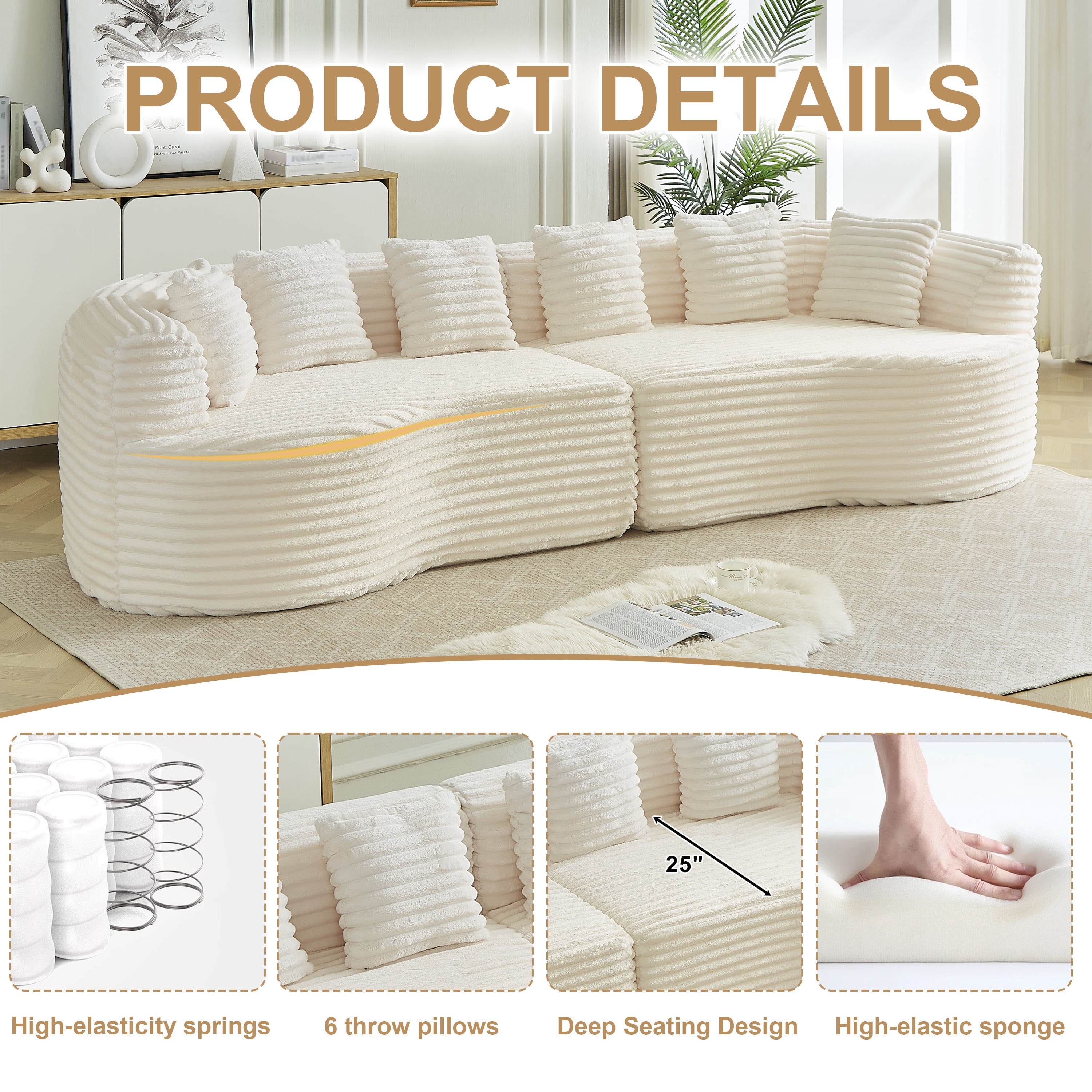 Leumius 111.5" Curved Sectional Sofa, Oversized Corduroy Modern Cloud Sofa with 6 Pillows,4 Seater Memory Foam Sofa with Deep Seat for Living Room,Beige Corduroy