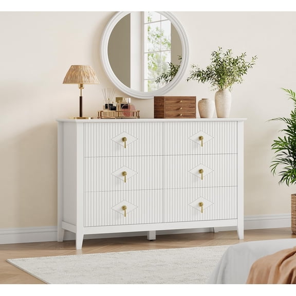 Dresser for Bedroom with 6 Drawers, 48 in Wide Modern Chest of Drawers with Metal Handle, Dresser TV Stand, Wood Drawer Organizer for Bedroom, Living Room, Hallway