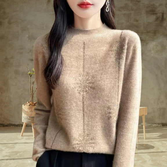FDGIU ‌Women's Round Neck Sweater Solid Color - Base Wool Blend Long Sleeve Knitted Pullover Tops