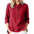 thumbnail image 3 of ClodeEU Women's Linen 3/4 Sleeve Crewneck Button Shirt with Side Slit,Solid Color Casual Summer Top Red,Women's Plus XXL, 3 of 9
