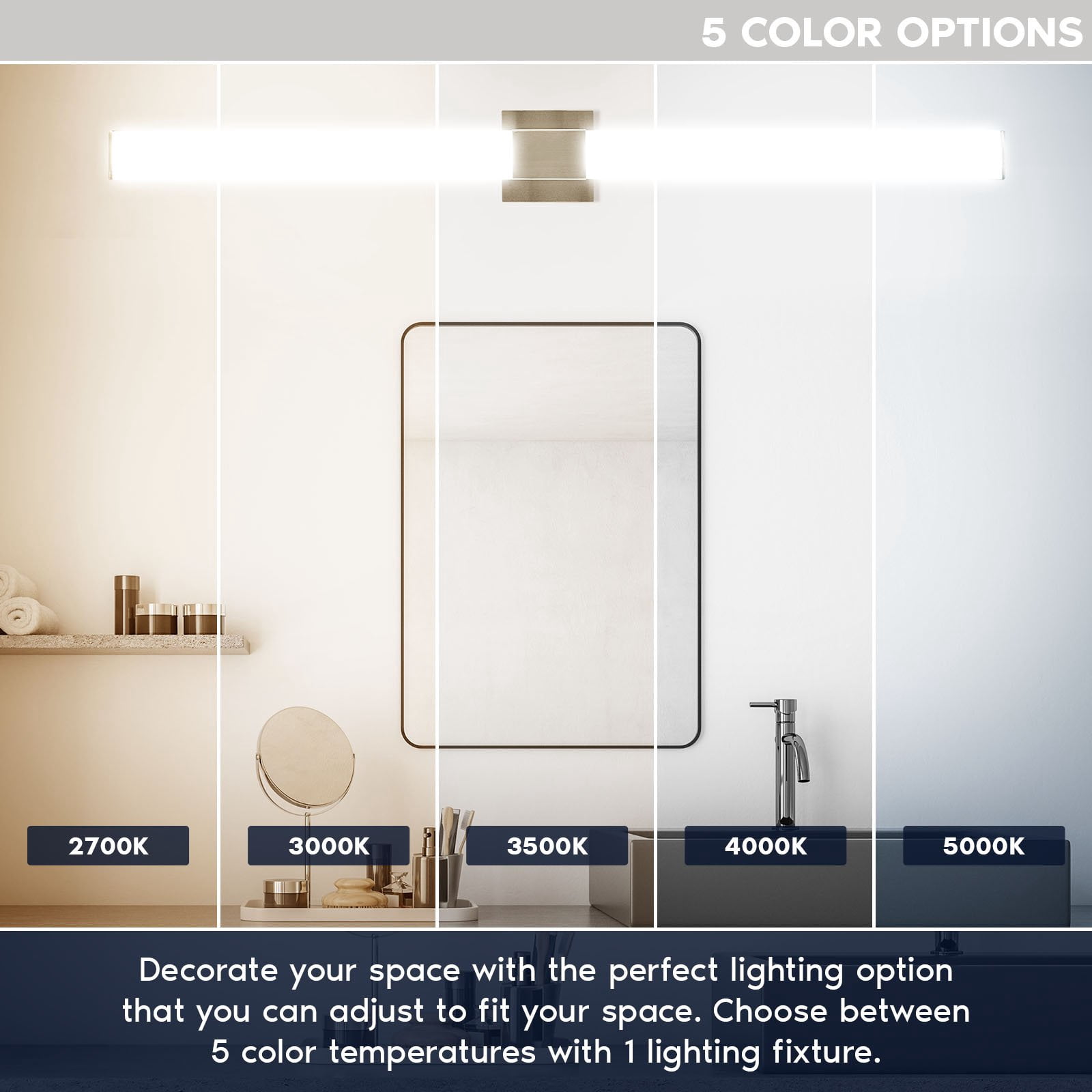 Luxrite LED Bathroom Vanity Light Fixtures Square 48 Inch Brushed Nickel 5 CCT 2700K-5000K 38W 2800 Lumens Dimmable
