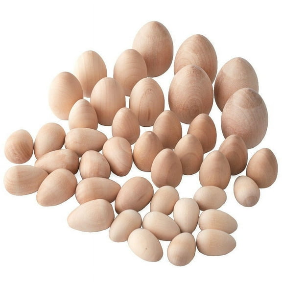 Package of 41 Assorted Unfinished Wood Eggs for Holiday Craft Decor and Display