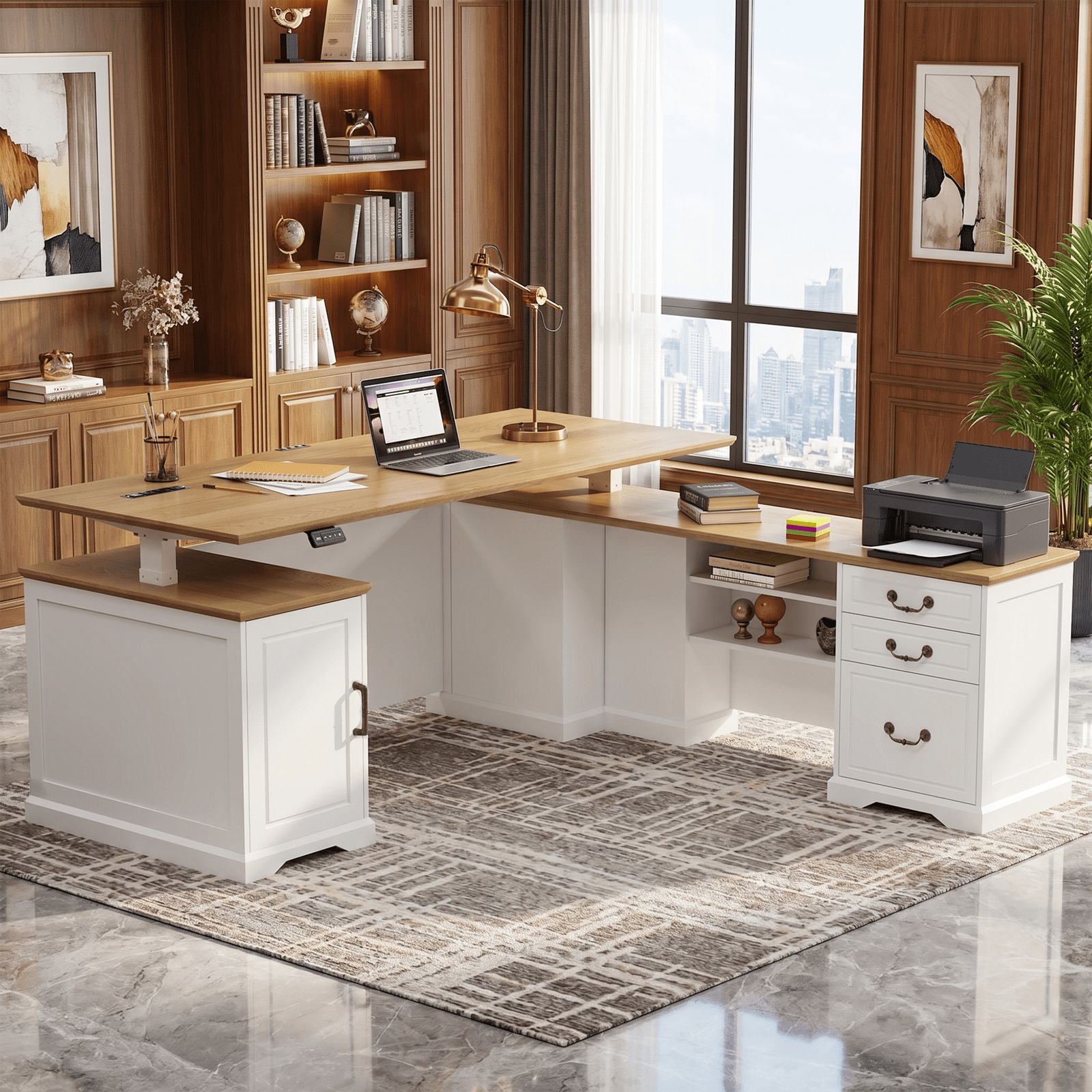 71" L-Shaped Executive Standing Desk, White Sit Stand Desk with Drawers, AC/USB Outlets, Storage Cabinet & Privacy Panel for Office & Home
