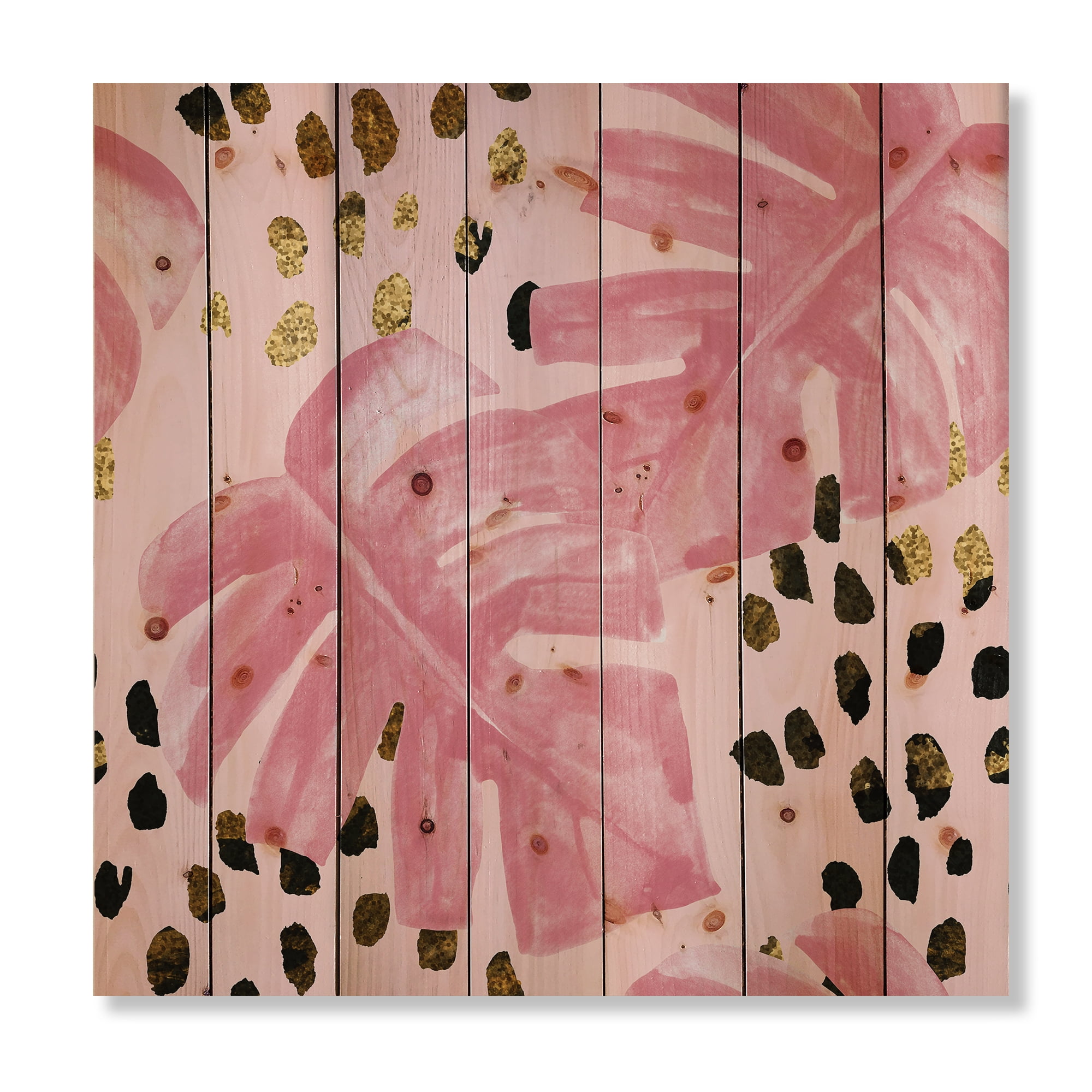 Designart 'Rough Brush Strokes Pink Colored Monstera I' Tropical Print on Natural Pine Wood